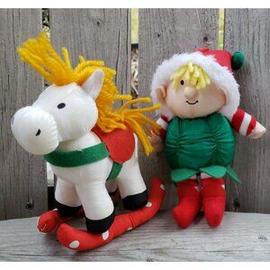 Vtg Christmas Stuffins Ornament Lot Elf Rocking Horse Nylon Puffalump Plush Mini